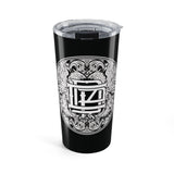 20oz Black Tumbler with Ornate White Crest Design Printify